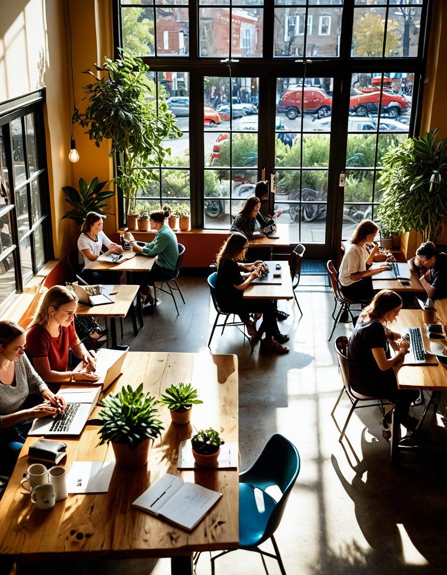 A vibrant and inviting scene representing the American Dream, featuring a diverse group of individuals engaged in blogging and content creation activities in a cozy, sunlit café. Include laptops, notebooks, and creative tools surrounded by colorful lifestyle elements like coffee cups and plants. This bustling atmosphere symbolizes opportunity and creativity in the U.S. super-realistic. vibrant colors. warm lighting.